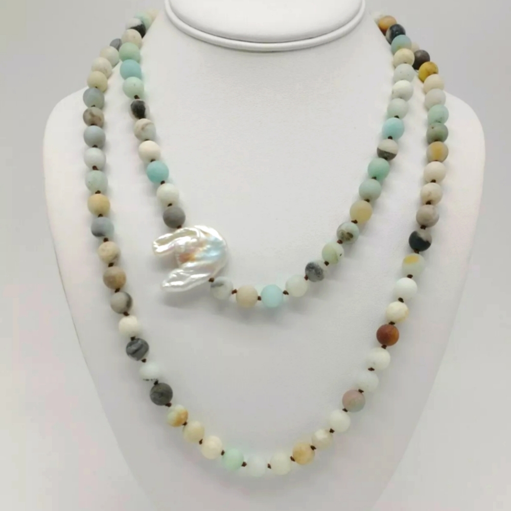 Sterling Silver Amazonite Baroque Pearl Necklace